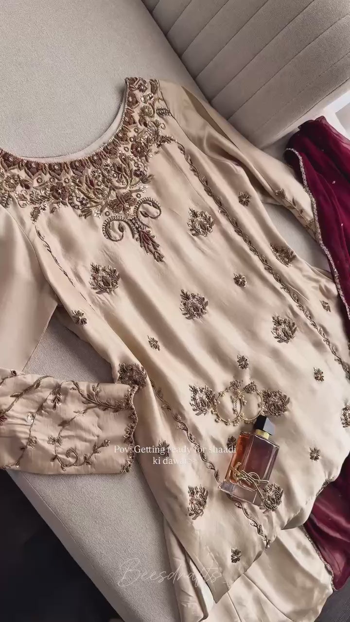Designer Off-White Pure Natural Crepe Sequence Top & Sharara Set with Maroon Fox Georgette Dupatta