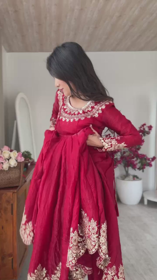 Designer Red Flared Doremon Crush Embroidery Sequence Top, Pant & Dupatta Set