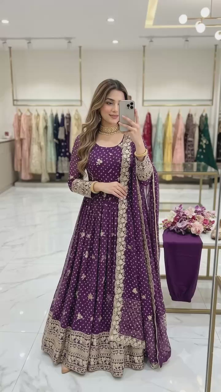 Designer Beige Pure Fox Georgette Sequence Embroidery Purple Gown, Pant & Dupatta Set with Padded Bust & Latkan