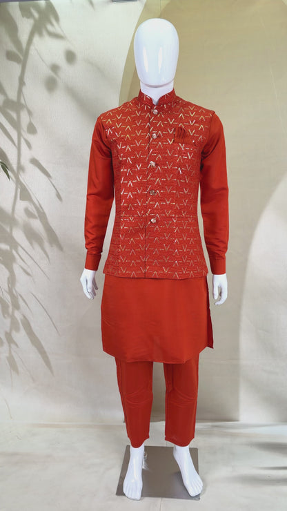 Burnt Orange Premium Roman Silk Plain Kurta & Pant Set with Multi-Embroidered Koti Jacket