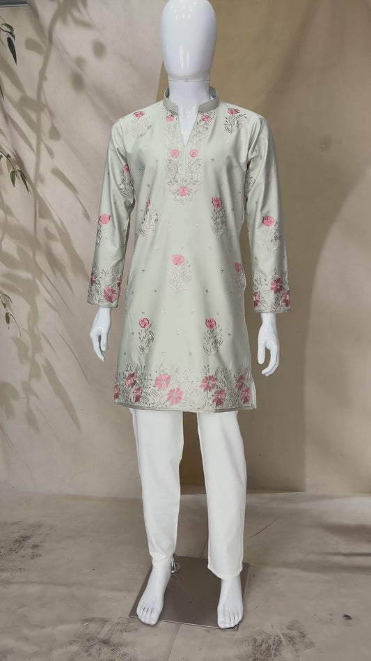 Pista Green Coach Silk Multi-Sequence & Zari Embroidered Men's Kurta Set