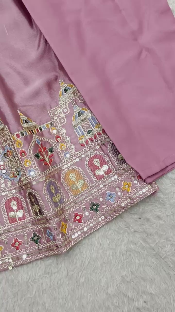 Designer Dusty Lavender Pure Chinon Silk Sequence Embroidery Gown, Pant & Dupatta Set