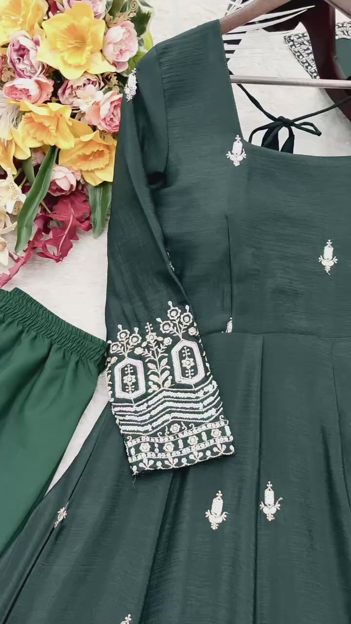 Designer Pure Chinon Silk Sequence Embroidery Gown, Pant & Dupatta Set