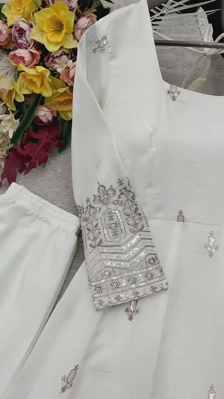 Designer Pure Chinon Silk Sequence Embroidery Gown, Pant & Dupatta Set