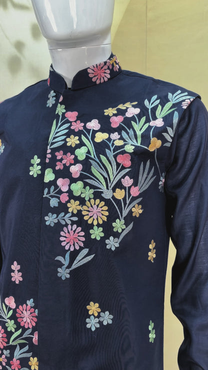 Navy Blue Coach Silk Multi-Sequence & Floral Zari Embroidered Men's Kurta Koti Set