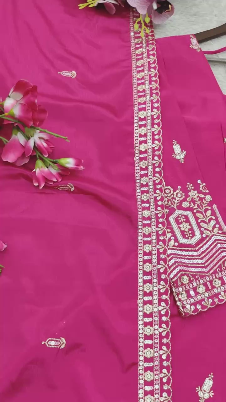 Designer Pure Chinon Silk Sequence Embroidery Gown, Pant & Dupatta Set