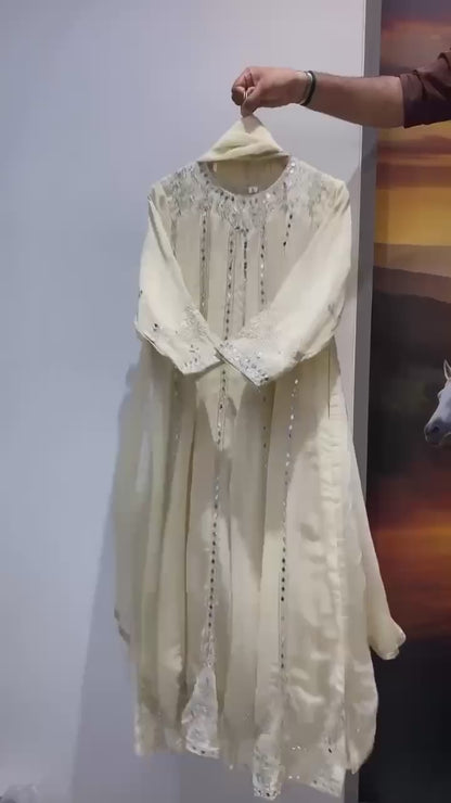 Women's White Georgette Sequence Embroidery & Real Mirror Work 3-Piece Gown Set