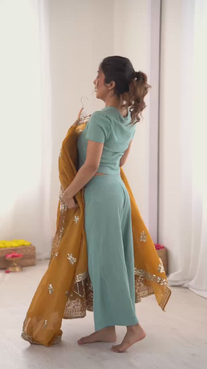 Women's Mustard Yellow Crunchy Silk Heavy Embroidery Sequence 3-Piece Gown & Lehenga Set
