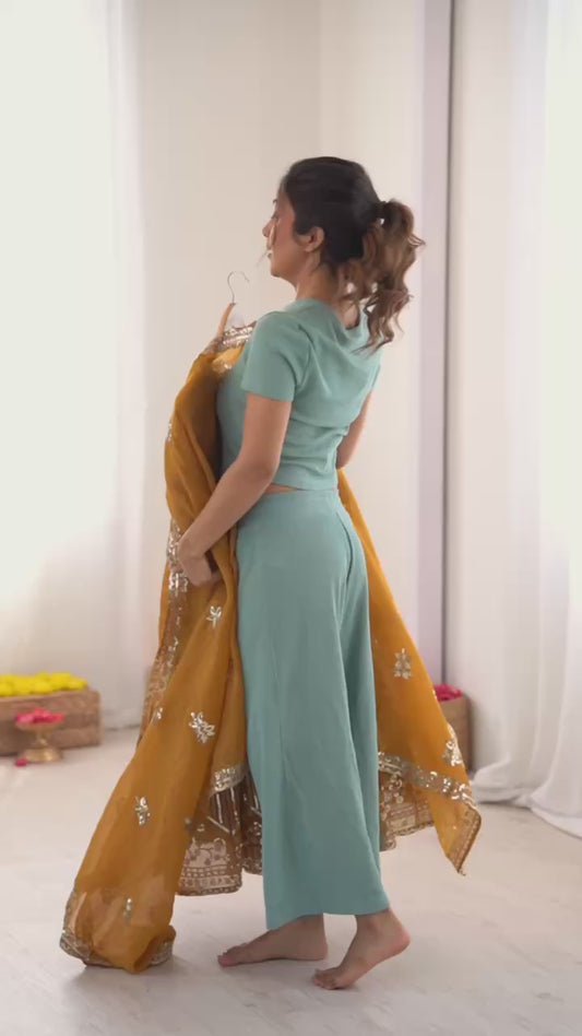Women's Mustard Yellow Crunchy Silk Heavy Embroidery Sequence 3-Piece Gown & Lehenga Set