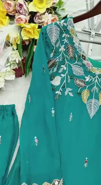 Designer Pure NC Moss Silk Sequence Embroidery Top, Palazzo & Dupatta Set