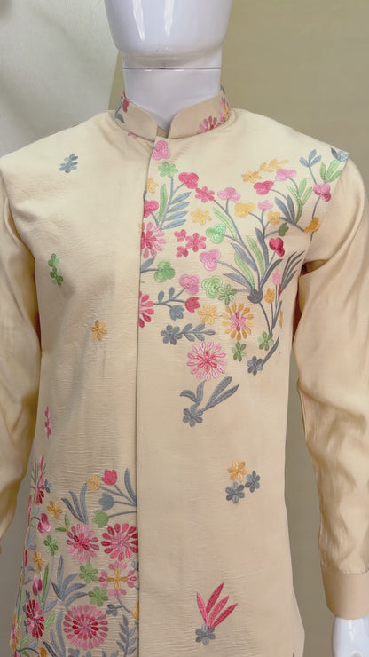 Cream Premium Roman Silk Plain Kurta & Pant Set with Designer Multi-Embroidered Koti Jacket
