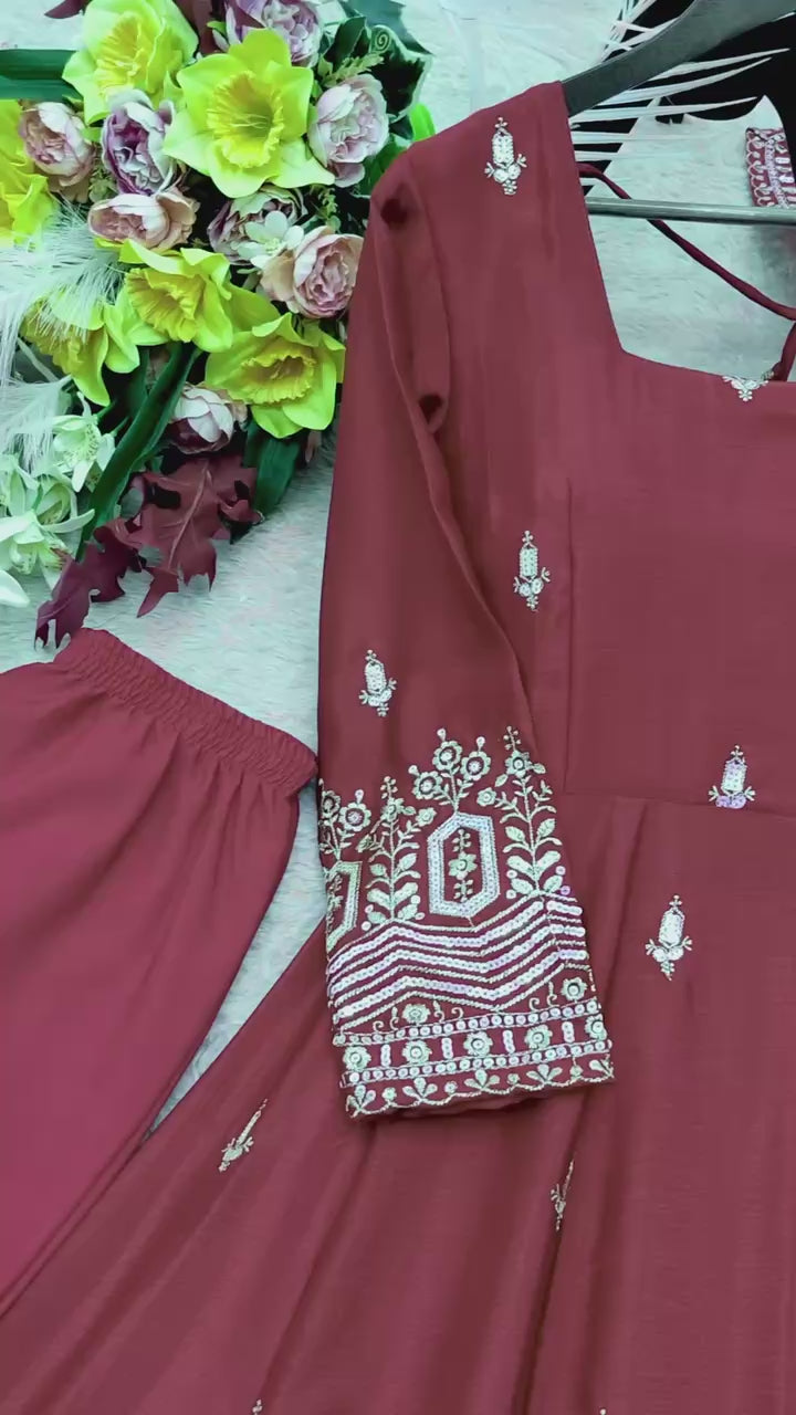 Designer Pure Chinon Silk Sequence Embroidery Gown, Pant & Dupatta Set
