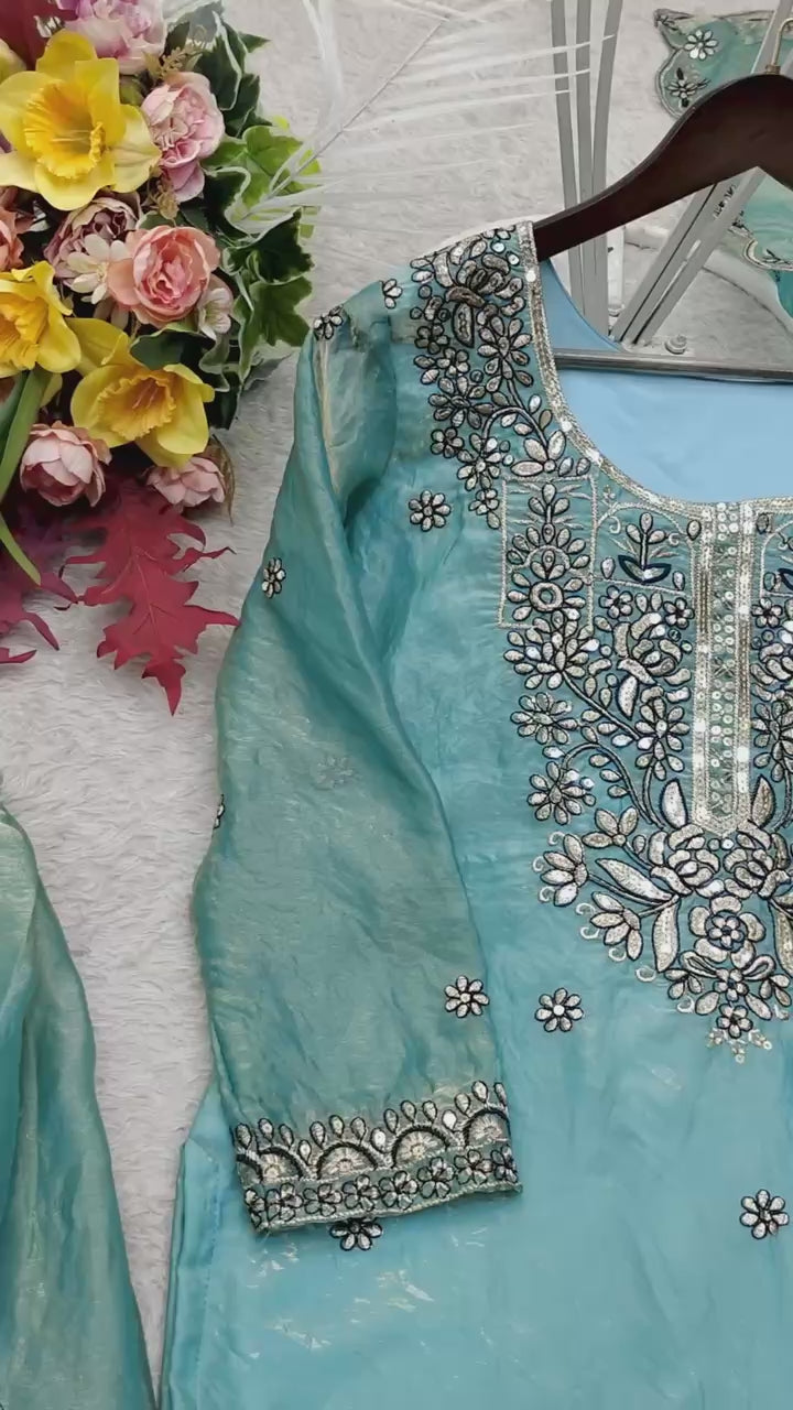 Designer Pure Fendy Silk Sequence Embroidery Work Top, Sharara & Dupatta Set