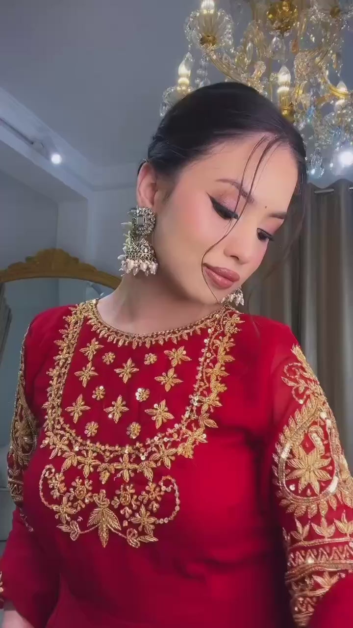 Pure Red Fox Georgette 5mm Sequence Embroidery Gown Pant Set | Stitched Anarkali Suit | Indian Wedding Party Wear Dress for Women