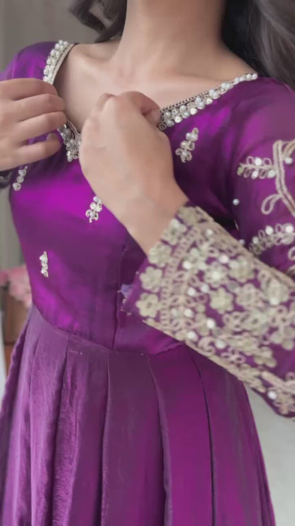 Designer Fendy Silk Embroidery Coding & Sequence Work Purple Gown, Pant & Dupatta Set