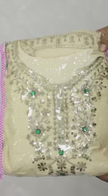 Designer Pure Natural Satin Silk Sequence Embroidery & Stone Handwork Top, Sharara & Dupatta Set