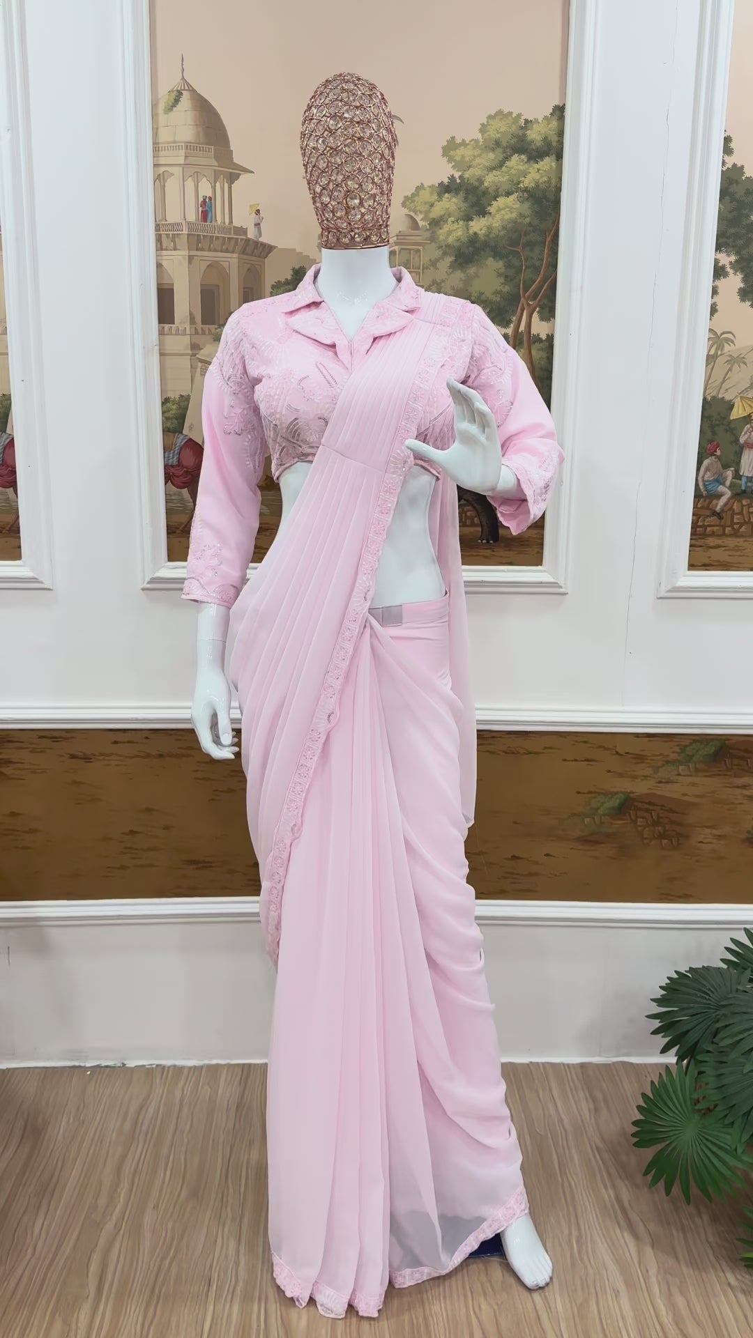 Ready-to-Wear Baby Pink Georgette Drape Saree with Sequins Work Custom Stitch Blouse