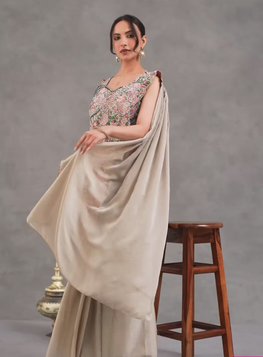 Ready-to-Wear White Chinon Silk Saree with Sequin Work