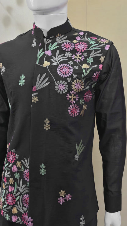 ✨ Black Premium Roman Silk Plain Kurta & Pant Set with Designer Multi-Embroidered Koti Jacket