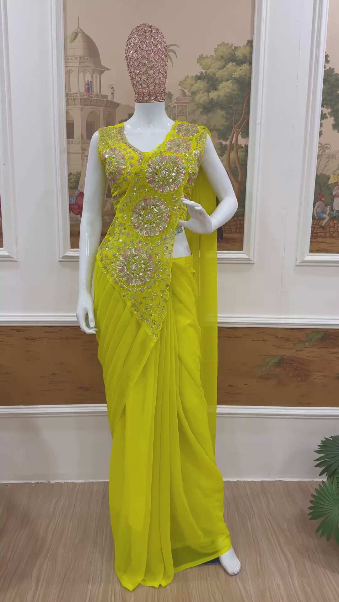 Ready-to-Wear Yellow Faux Georgette Drape Saree with Sequins Work, Stitched Blouse