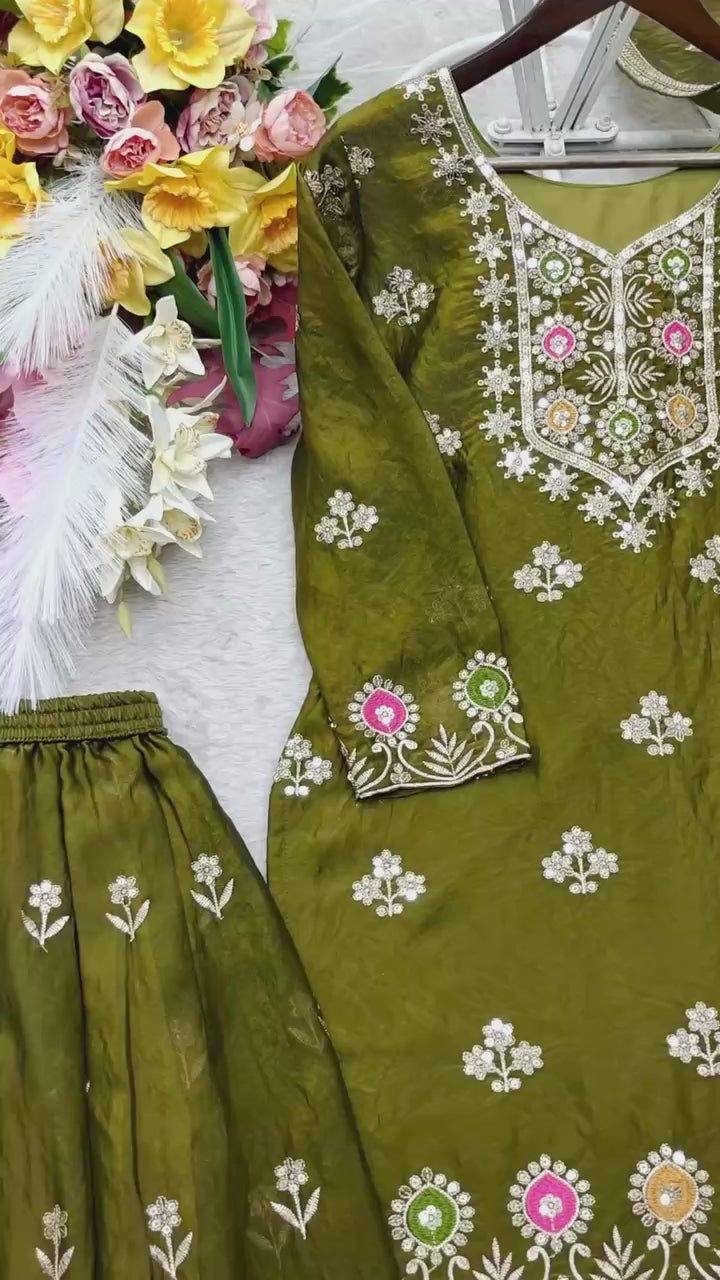 Designer Pure Fendy Silk Sequence Embroidery Work Top, Sharara & Dupatta Set