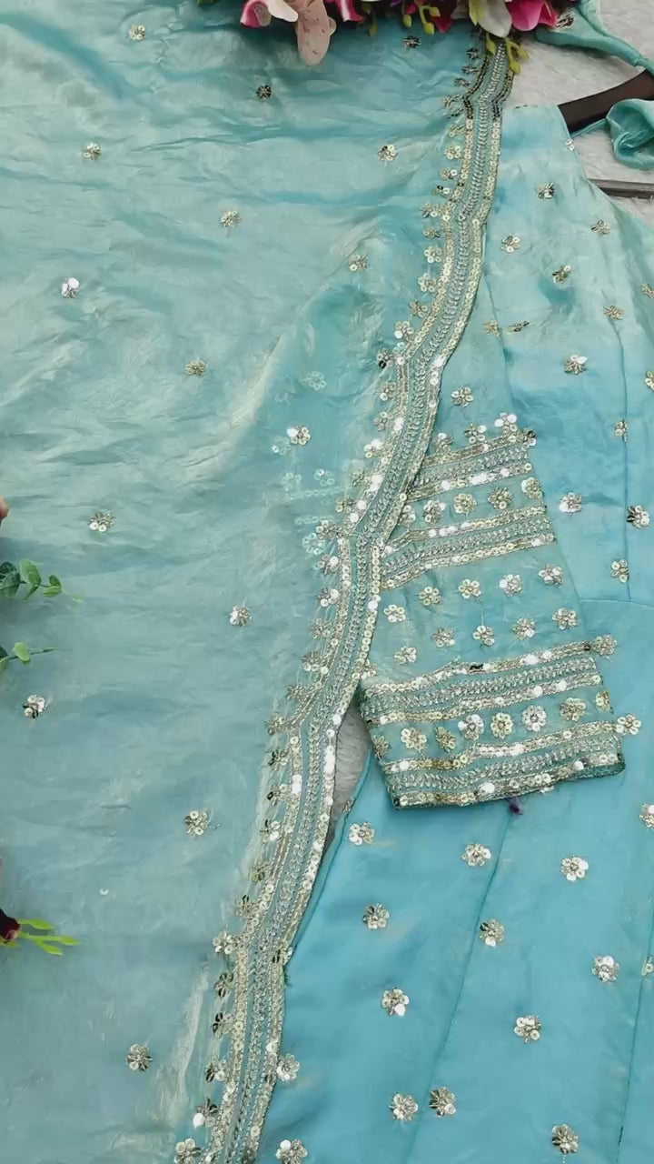 Designer Sky Blue Pure Fendy Silk Sequence Embroidery Gown, Pant & Dupatta Set with Latkan Dori