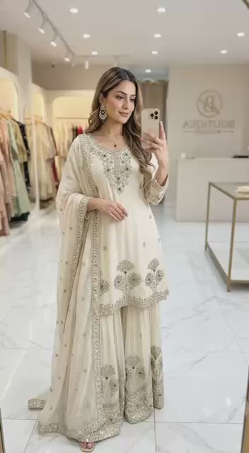 Designer Pure Natural Satin Silk Sequence Embroidery & Stone Handwork Top, Sharara & Dupatta Set