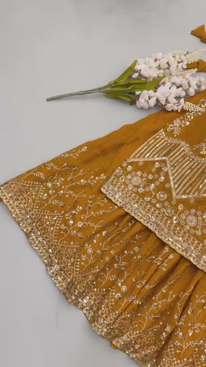 Women's Mustard Yellow Crunchy Silk Heavy Embroidery Sequence 3-Piece Gown & Lehenga Set
