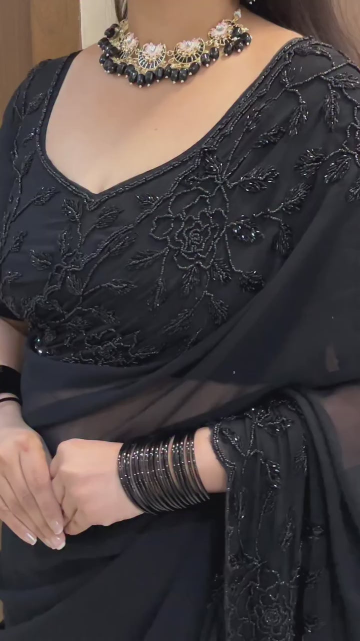 Black Fox Georgette Saree with Beadwork & Cutwork Border