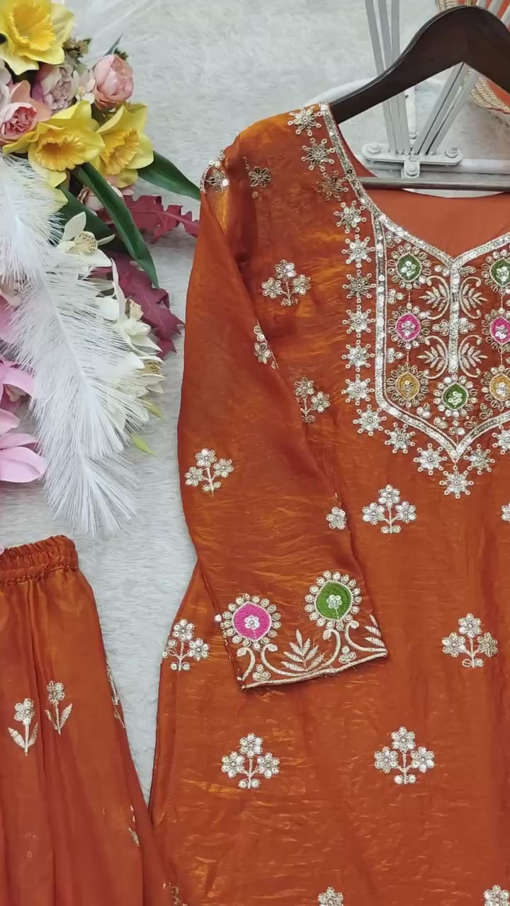 Designer Pure Fendy Silk Sequence Embroidery Work Top, Sharara & Dupatta Set