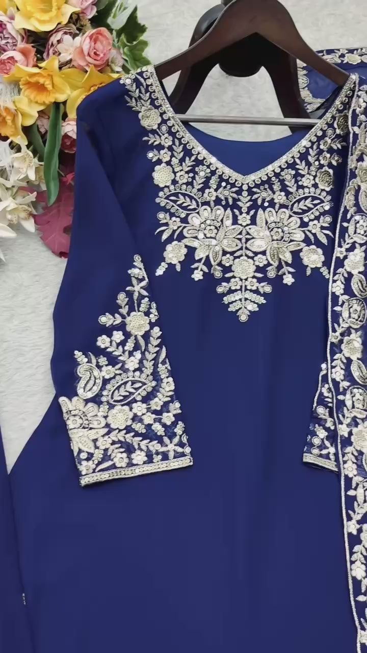 Designer Pure Fox Georgette Sequence Embroidery Work Top, Sharara & Dupatta Set