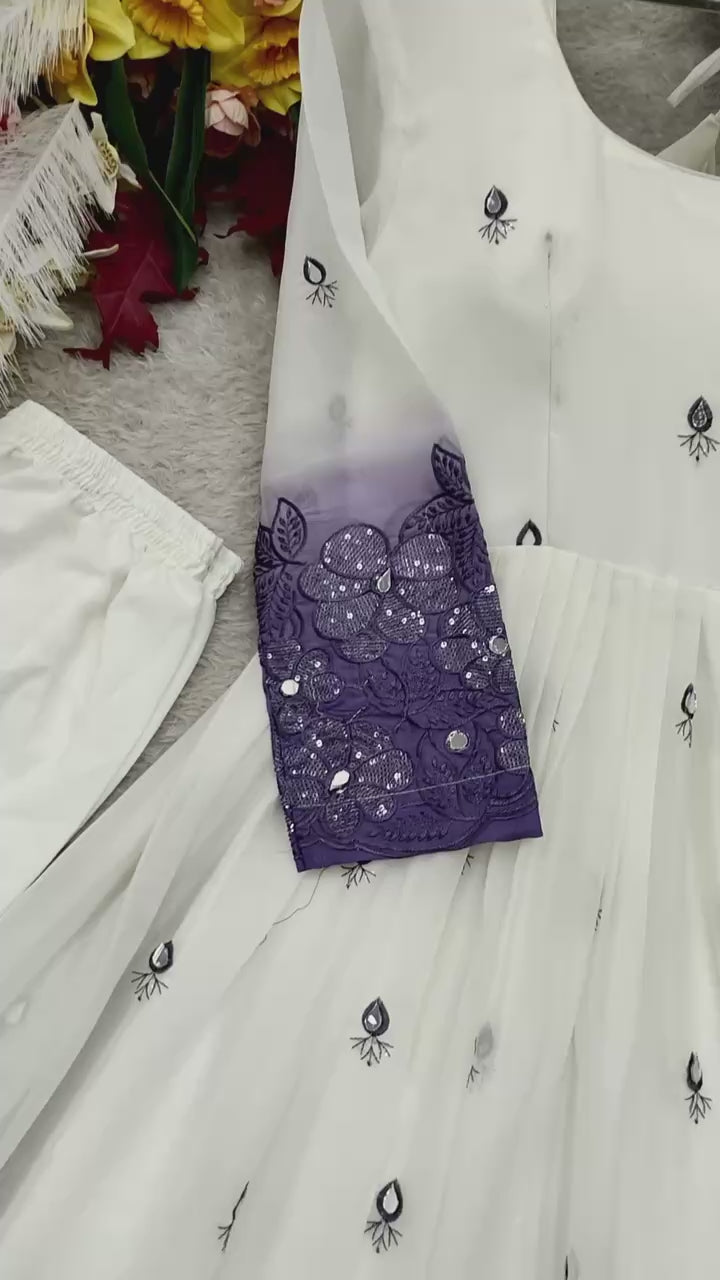 Designer Pure Two-Tone Star Georgette Sequence & Real Mirror Work Gown, Pant & Dupatta Set