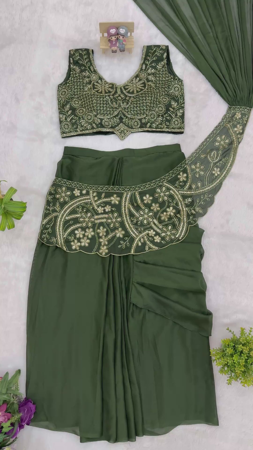 Ready-to-Wear Green Rangoli Silk Drape Saree with Sequins Work Blouse