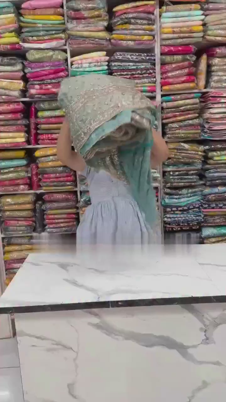 Designer Sky Blue Pure Fendy Silk Sequence Embroidery Gown, Pant & Dupatta Set with Latkan Dori