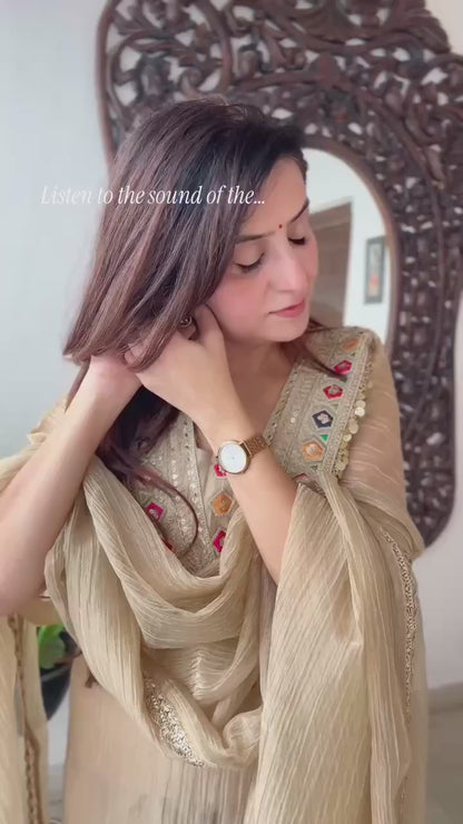 Women's Beige Salsa Silk Embroidery & Sequence Work 3-Piece Festive Suit Set