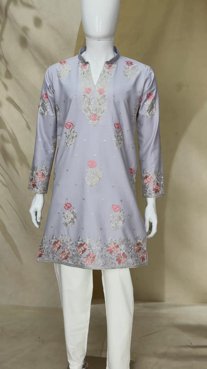 Light Lavender / Ice Blue Coach Silk Multi-Sequence Embroidered Men's Kurta Set