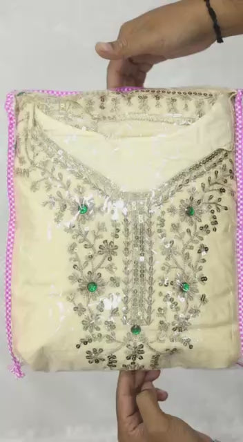 Designer Pure Natural Satin Silk Sequence Embroidery & Stone Handwork Top, Sharara & Dupatta Set