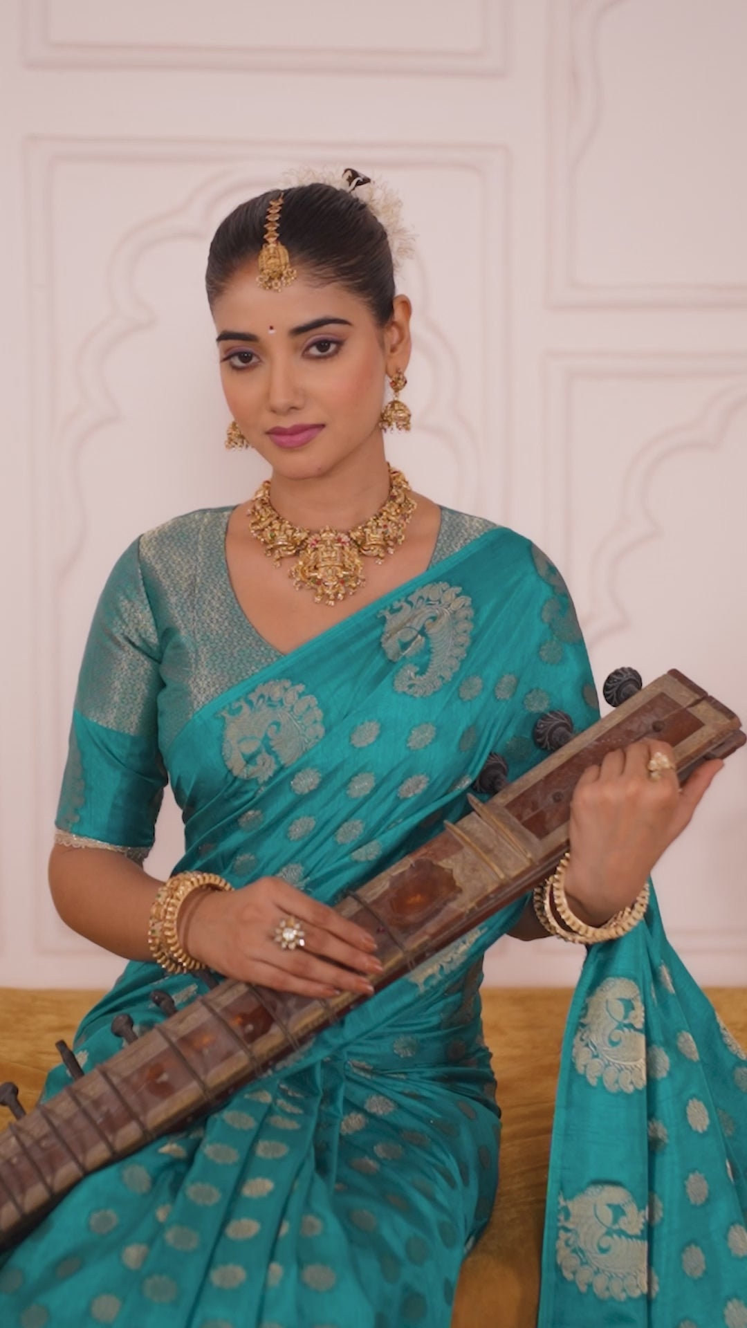 Firozi Green Pure Lichi Silk Saree — South Indian Style