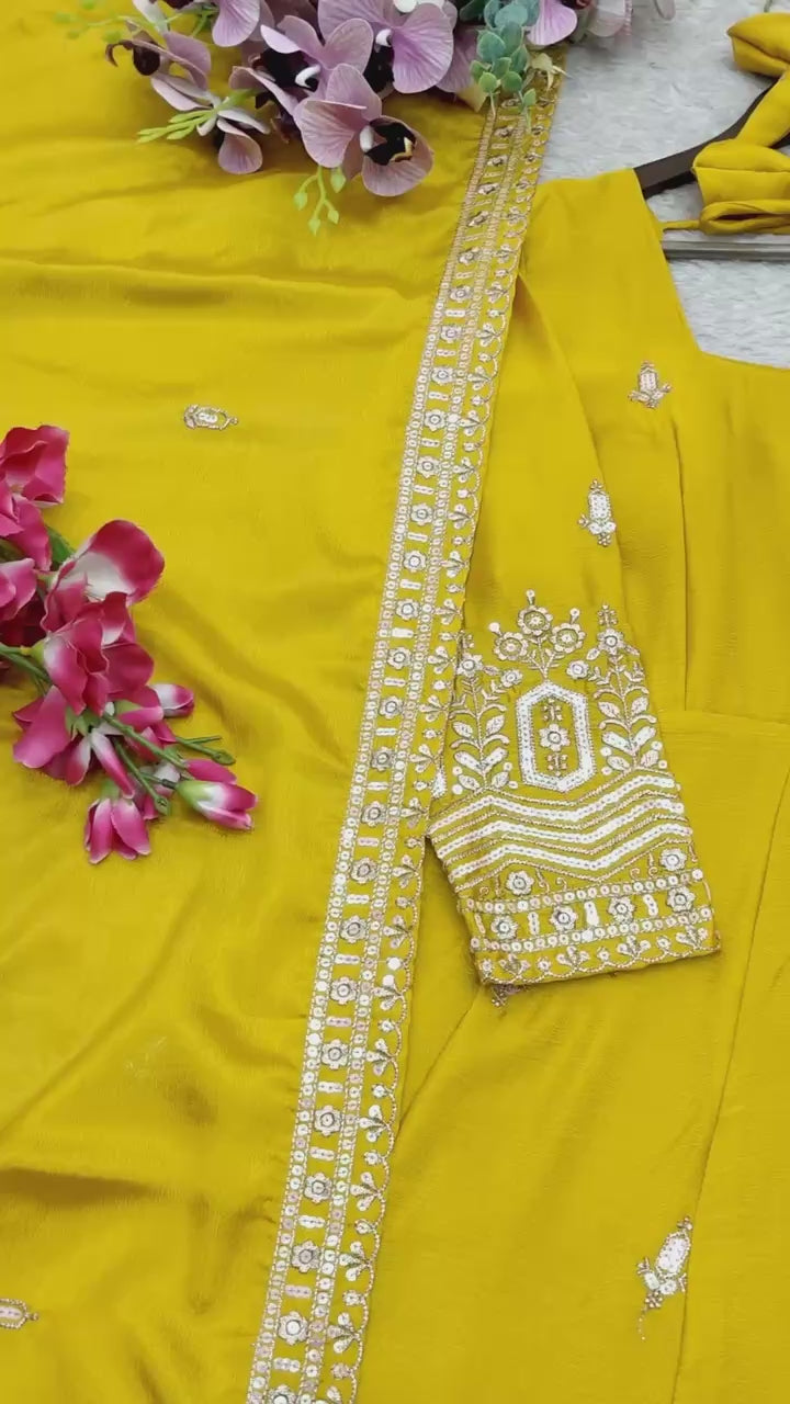Designer Pure Chinon Silk Sequence Embroidery Gown, Pant & Dupatta Set