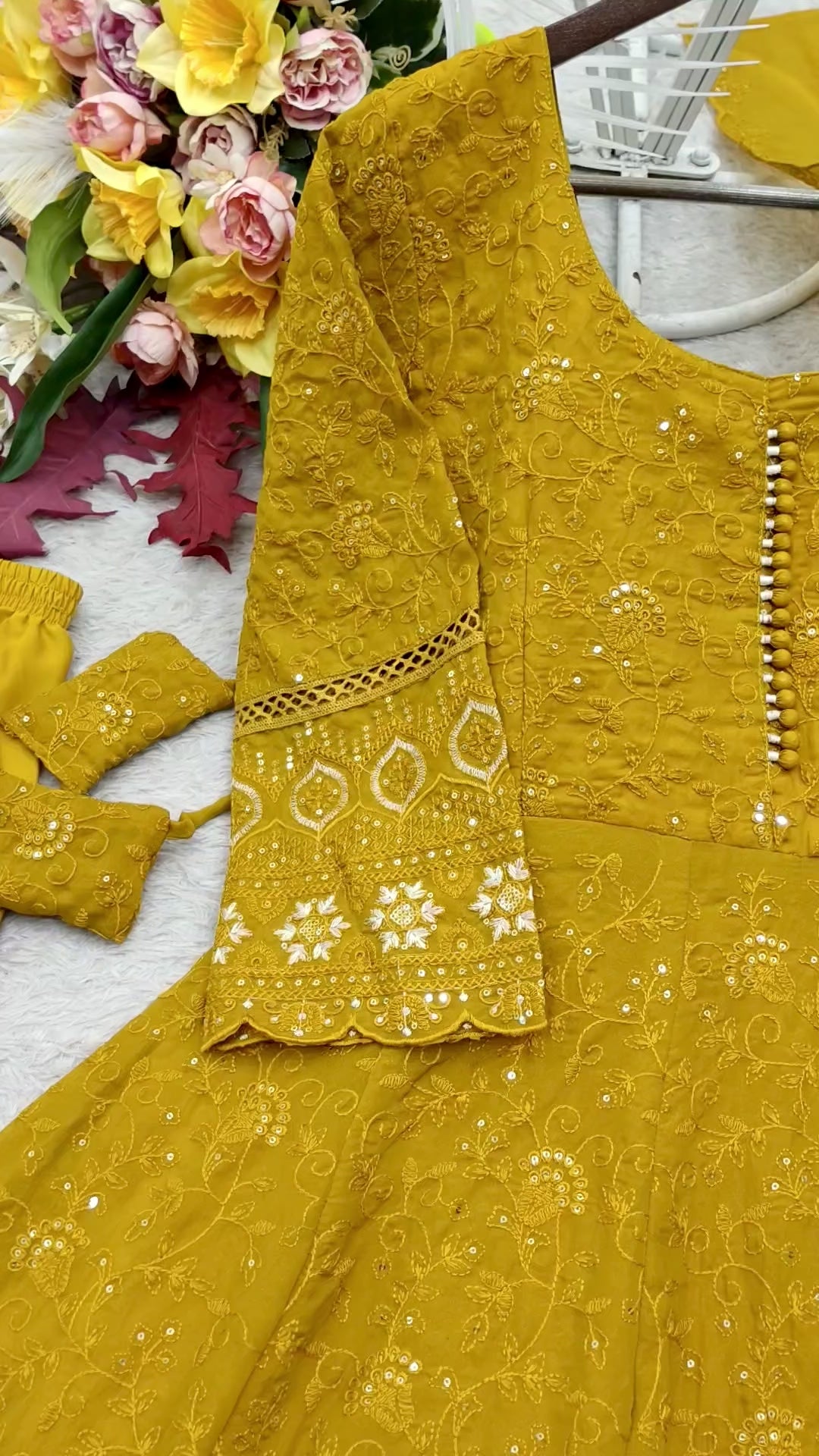 Designer Mustard Yellow Pure Fox Georgette Sequence Embroidery Gown, Pant & Dupatta Set with Padded Bust & Latkan