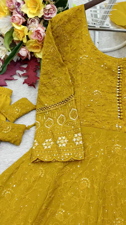 Designer Mustard Yellow Pure Fox Georgette Sequence Embroidery Gown, Pant & Dupatta Set with Padded Bust & Latkan