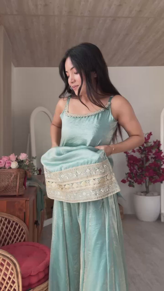 Women's Light Blue Doremon Crush Real Mirror & Sequence Embroidery Palazzo Suit Set