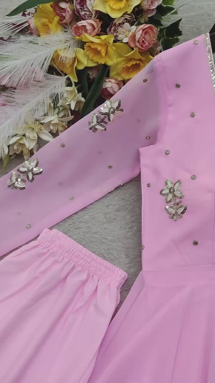 Designer Light Pink Pure Fox Georgette Sequence Embroidery Gown, Pant & Dupatta Set with Padded Bust & Latkan