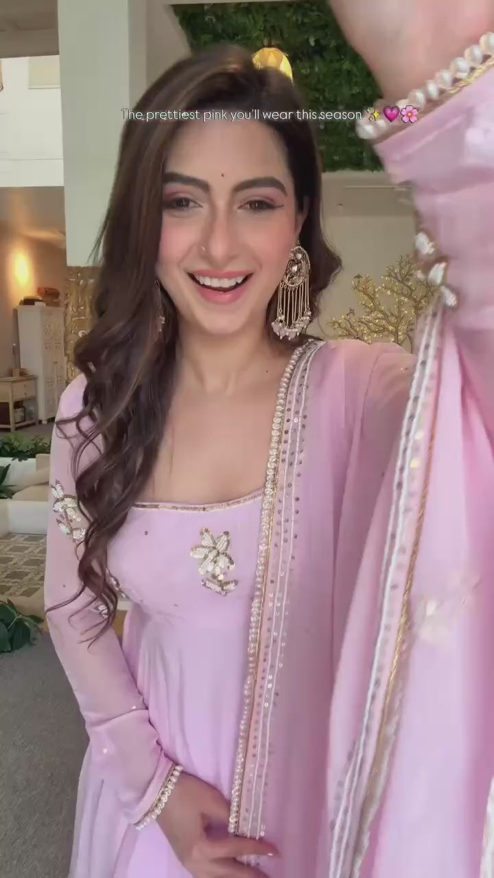 Designer Light Pink Pure Fox Georgette Sequence Embroidery Gown, Pant & Dupatta Set with Padded Bust & Latkan