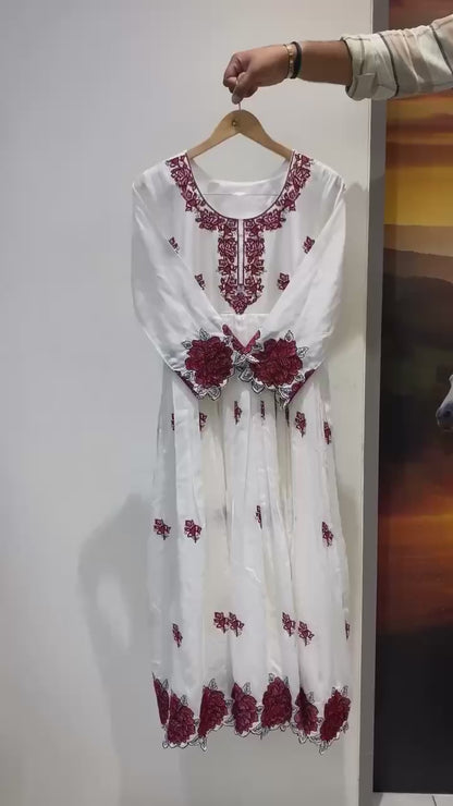 Women's White Rayon Embroidery Work Maxi Gown Set (50 Inch Length)