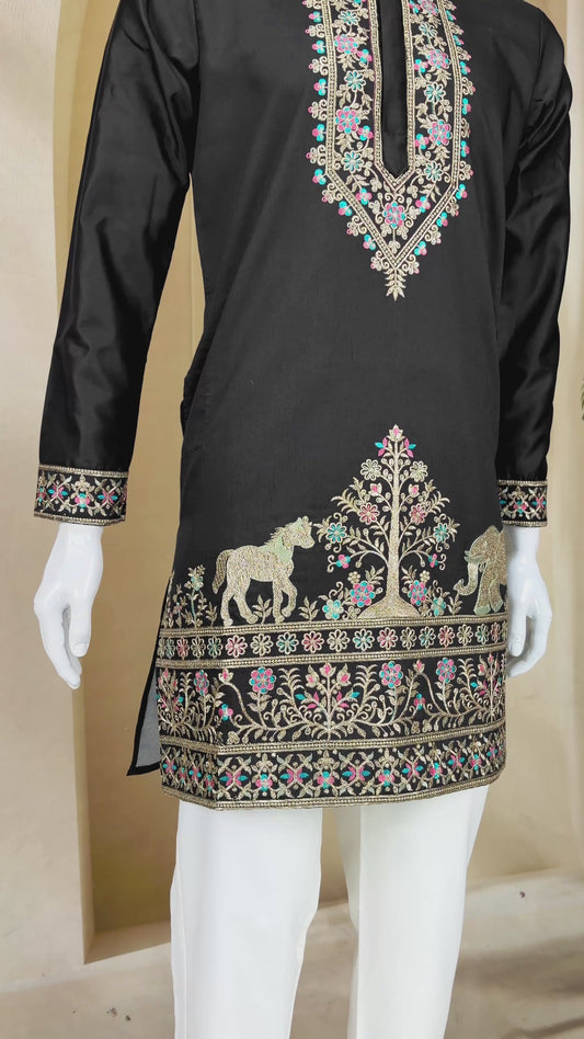 Black Coach Silk Sequence & Zari Embroidered Men's Kurta Set