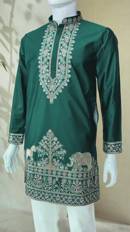 Teal Green Coach Silk Multi-Sequence & Zari Embroidered Men's Kurta Pant Set