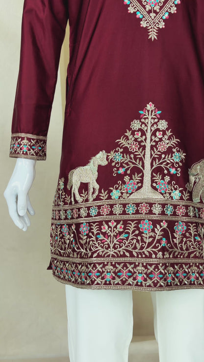 Maroon Coach Silk Multi-Sequence & Zari Embroidered Men's Kurta Pant Set