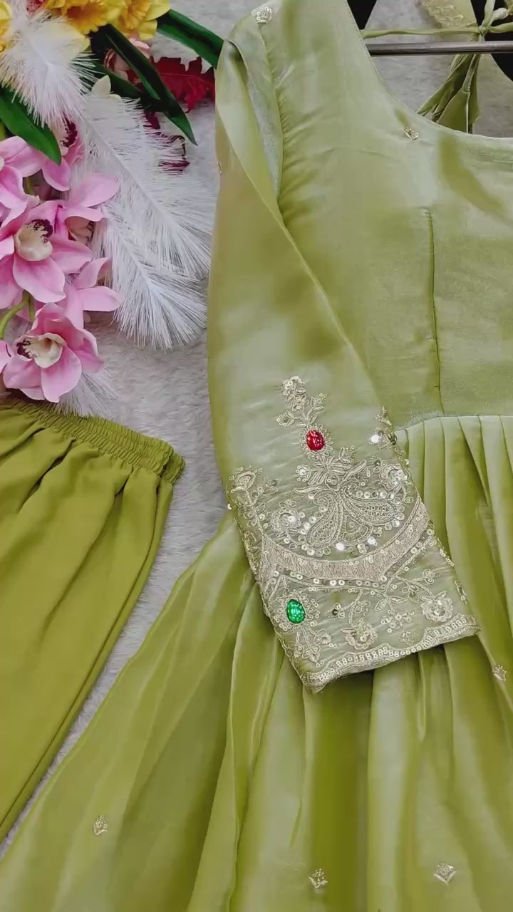 Designer Pure Pistachio Green ZMY Silk Sequence Embroidery & Stone Work Gown, Pant & Dupatta Set
