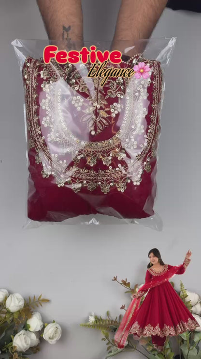 Designer Red Flared Doremon Crush Embroidery Sequence Top, Pant & Dupatta Set